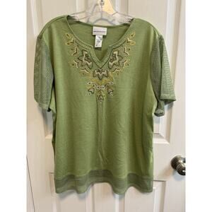 Alfred Dunner XL Green Short Sleeve Top Split V Neck Beaded Embroidered New